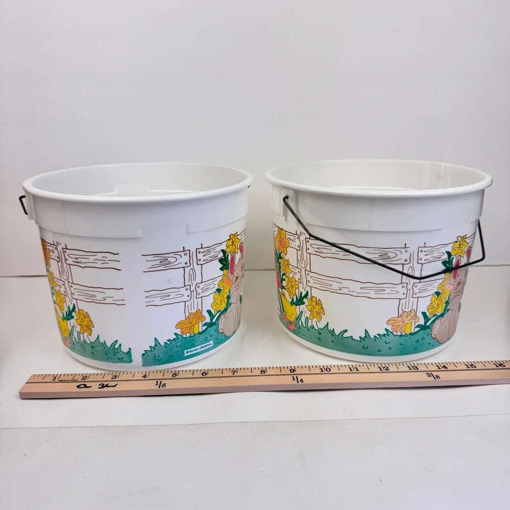 2 Vtg Round Plastic Happy Easter Basket Ice Cream Bucket Myrle's Original No Lid